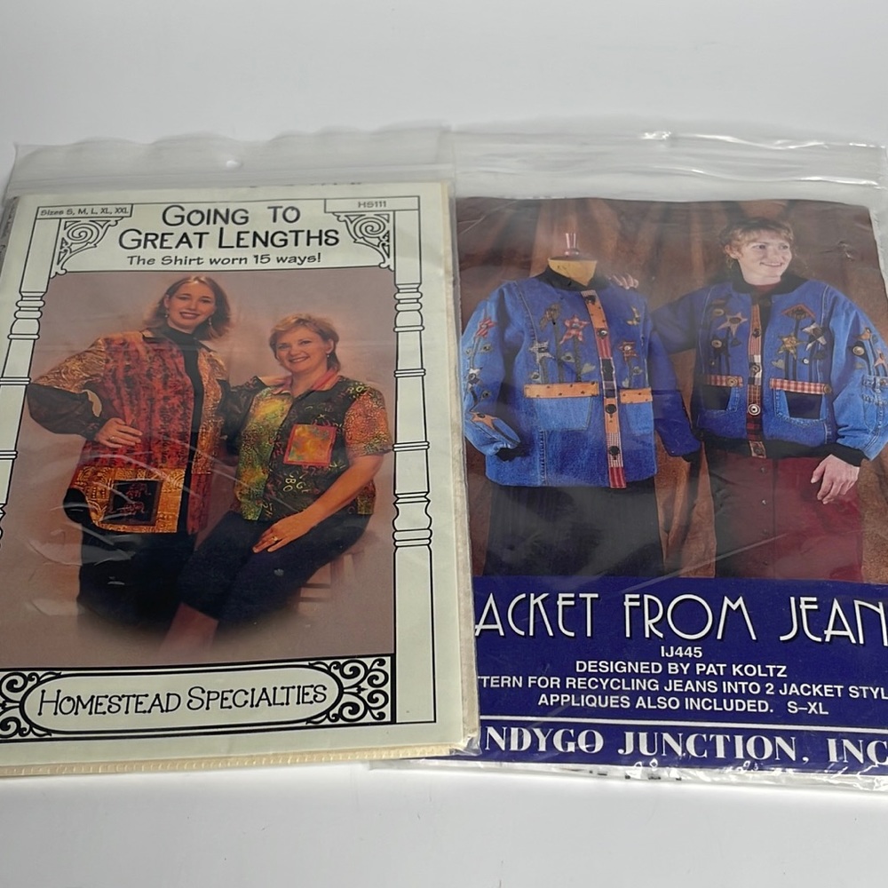 Two Vintage Sewing Patterns- Jean Denim  Jacket and Button Down Shirt/Blouse